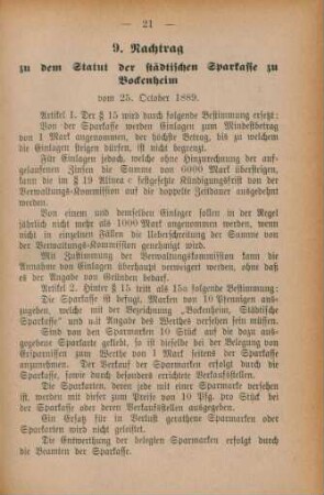 9. Nachtrag zu dem Statut der städtischen Sparkasse zu Bockenheim