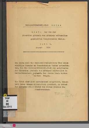 Teil 1: Liste der von der Direction générale des affaires culturelles geschenkten französischen Bücher