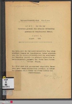 Teil 1: Liste der von der Direction générale des affaires culturelles geschenkten französischen Bücher