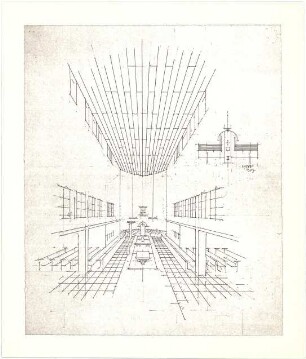 Döllgast, Hans; München; Basilika St. Bonifaz, Umplanung - Innenraumperspektive; Grundriss; Schnitt