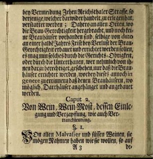 Caput 2. Von Wein, Wein-Most, dessen Einlegung und Verzapffung, wie auch Vertrancksteurung.