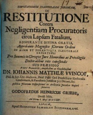 Disputationem Inauguralem Juridicam, De Restitutione Contra Negligentiam Procuratoris circa Lapsum Fatalium ...