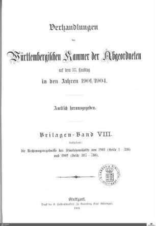 2,104: Landtag Württemberg - Kammer 2, Beilagen 1901-1904, Bd. 8