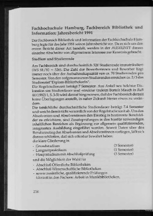 Fachhochschule Hamburg, Fachbereich Bibliothek und Information: Jahresbericht 1991