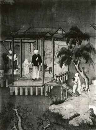 Dresden-Friedrichstadt. Marcolini-Palais, Chinesisches Zimmer. Chinesische Tapete (angebracht um 1790), Ausschnitt: Häusliche Szene. Mutter arrangiert Blumen, Vater und Sohn unterhalten sich