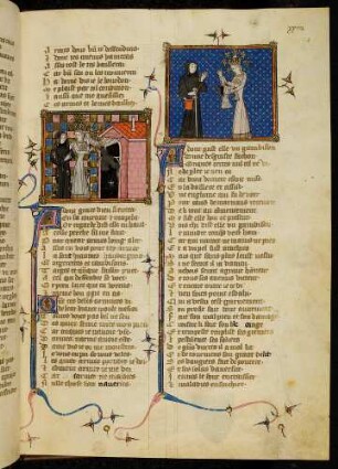 a) Gottes Gnade (Grace Dieu) zeigt dem Pilger weitere Waffen. b) Gottes Gnade (Grace Dieu) gibt dem Pilger das Wams.