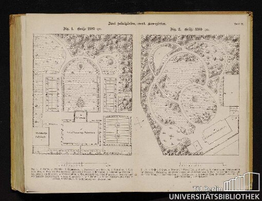 Tafel IX. Zwei Schulgärten, event. Hausgärten. Fig. 1. Größe 2987 qm. Fig. 2. Größe 3360 qm.