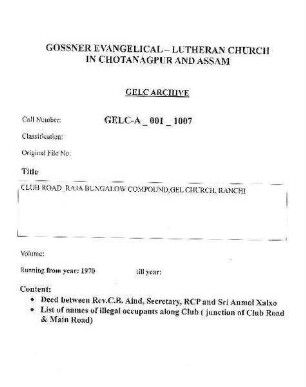 CLUB ROAD RAJA BUNGALOW COMPOUND,GEL CHURCH,RANCHI