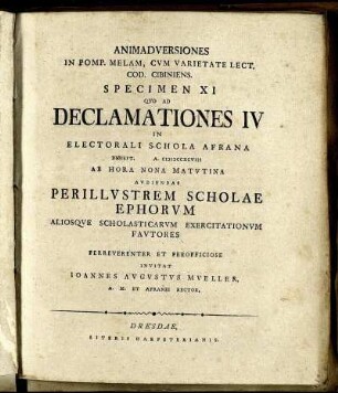 Spec. 11: Animadversionum In Pomp. Melam, Cum Varietate Lect. Cod. Cibiniens. Specimen XI.