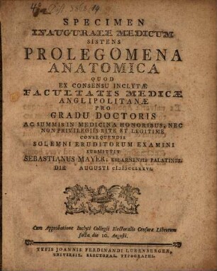Specimen Inaugurale Medicum Sistens Prolegomena Anatomica