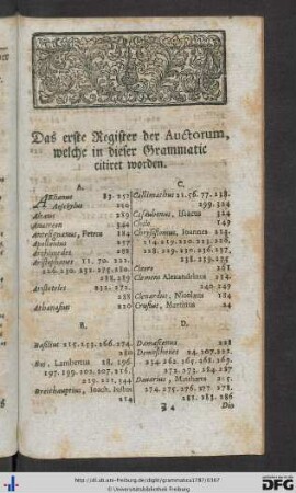 Das erste Register der Auctorum, welche in dieser Grammatic citiret worden.