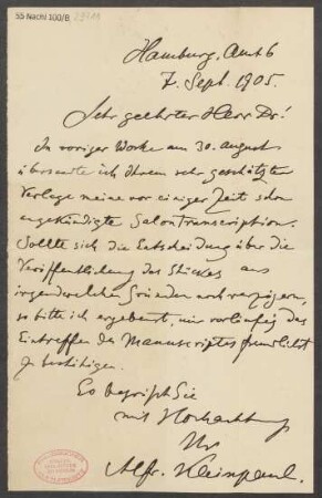 Brief an Ludwig Strecker  und B. Schott's Söhne : 07.09.1905