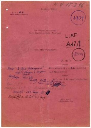Angeklagter: Kratt, Karl Johann (Landwirt); Mönchweiler *16.11.1870 in Mönchweiler; + ? Delikt: Verbrechen gegen die Kriegswirtschaftsverordnung Tatort: Mönchweiler Tatzeit: September 1939-November 1943
