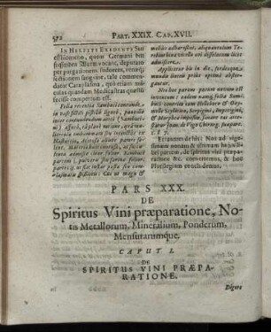 Pars XXX. De Spiritus Vini præparatione, Notis Metallorum, Mineralium, Ponderum, Mensurarumque.