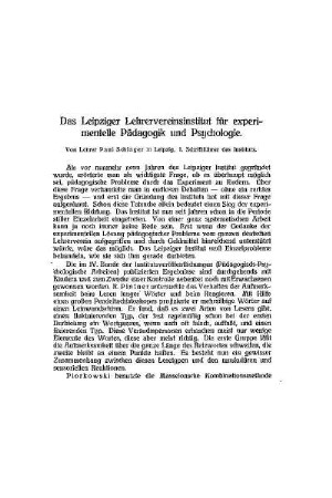 Das Leipziger Lehrervereinsinstitut für experimentelle Pädagogik und Psychologie