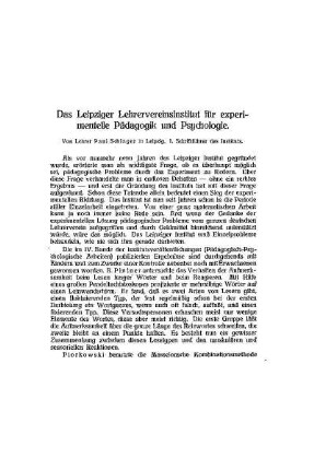 Das Leipziger Lehrervereinsinstitut für experimentelle Pädagogik und Psychologie