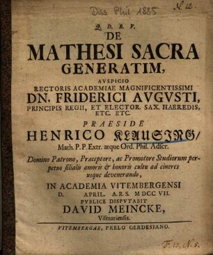 De Mathesi Sacra Generatim