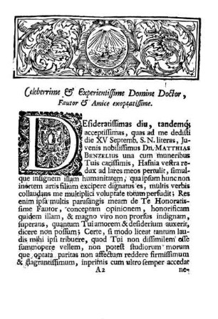 Celeberrime & Experientissime Domine Doctor, Fautor & Amice exoptatissime