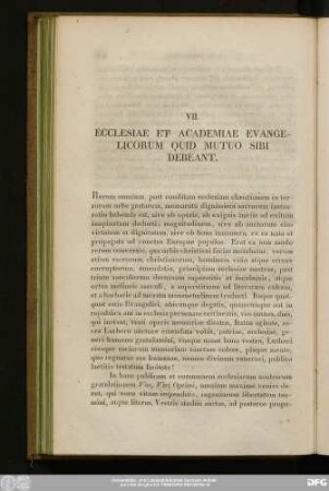 VII. Ecclesiae Et Academiae Evangelicorum Quid Mutuo Sibi Debeant.