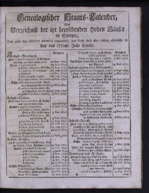 Genealogischer Staats-Calender, Oder Verzeichniß der itzt herrschenden hohen Häuser in Europa ...