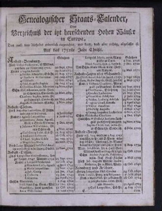 Genealogischer Staats-Calender, Oder Verzeichniß der itzt herrschenden hohen Häuser in Europa ...