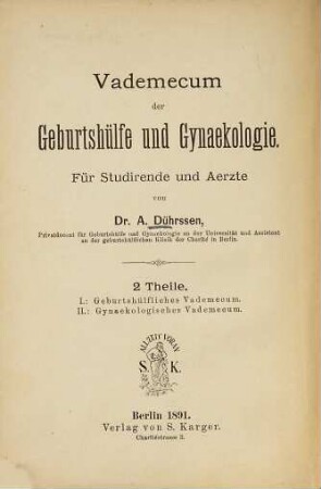 Vademecum der Geburtshilfe und Gynaekologie : für Studierende und Ärzte, I
