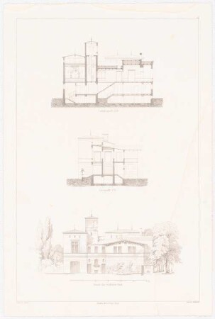 Architektonische Entwürfe für den vorhandener Gebäude, Potsdam 1845-49. Die Villa Schöningen an der Glienicker Brücke, Potsdam Umbau: Tafel 17. 2 Profile und die Fassade der westlichen Front