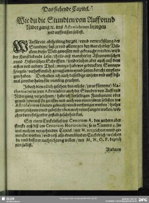 Das siebende Capitel. Wie du die Stundten von Auff unnd Nidergang [et]c. ins Astrolabium bringen und auffreissen sollest