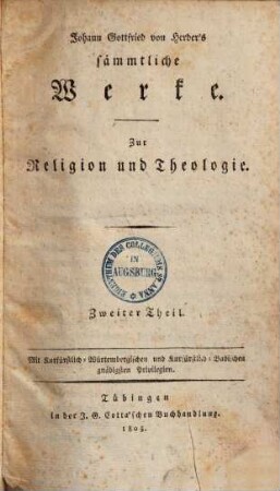 Johann Gottfried von Herder's sämmtliche Werke, 1,2. Zur Religion und Theologie, Zweiter Theil