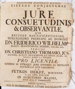 Dissertatio Inauguralis Juridica Sistens Conjecturas De Jure Consuetudinis & Observantiæ