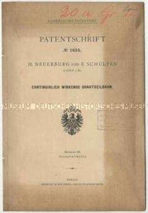 Patentschrift einer kontinuierlich wirkenden Drahtseilbahn, Patent-Nr. 1655