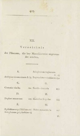 XII. Verzeichnis der Pflanzen, die bey Manufakturen angewendet werden