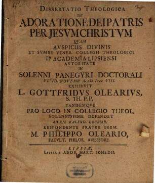 Dissertatio Theologica De Adoratione Dei Patris Per Jesum Christum