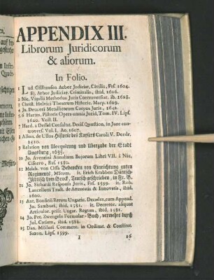 Appendix III. Librorum Juridicorum & aliorum.