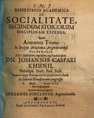 Diss. acad. de socialitate, secundum Stoicorum disciplinam expensa