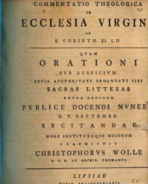 Commentatio theol. de ecclesia virgine, ad 2 Corinth. XI, I. II.