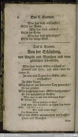 Das II. Examen. Von der Schöpfung, von Engeln und Menschen und vom göttlichen Ebenbilde