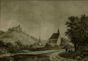 Landschaftsgemälde mit Feldweg und Kirche und Ruine im Hintergrund. Nach Gayer, vermutlich 1830
