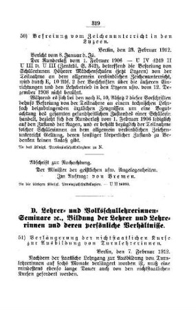 Befreiung vom Zeichenunterricht in den Lyzeen : [C. Höhere Lehranstalten für die weibliche Jugend]