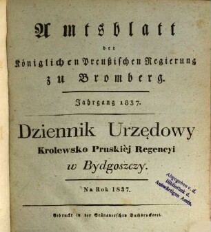 Amtsblatt der Königlichen Preußischen Regierung zu Bromberg. 1837