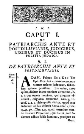 Caput I. De Patriarchis Ante Et Postdiluvianis, Judicibus, Regibus Et Ducibus In Politia Judaica.