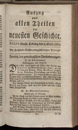 XXXVI. Nachl. Coburg, den 8. Sept. 1762.