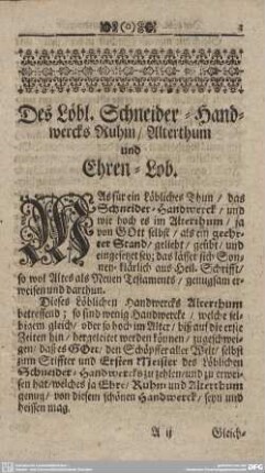Des Löbl. Schneider-Handwercks Ruhm/Alterthum und Ehren-Lob.