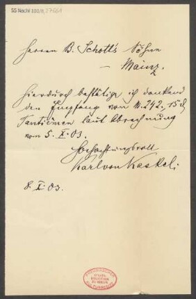 Brief an B. Schott's Söhne : 08.10.1903