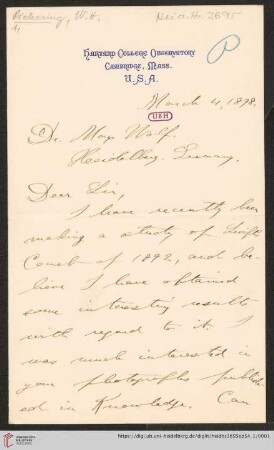Briefe von William Henry Pickering an Max Wolf: Brief von William Henry Pickering an Max Wolf