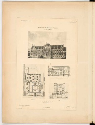 Landratsamt (Kreishaus), Neuruppin Monatskonkurrenz August 1893: Lageplan mit Grundriss Erdgeschoss, Obergeschoss, Längsschnitt, perspektivische Ansicht; 2 Maßstabsleisten
