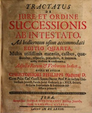 Tractatus de jure et ordine successionis ab intestato : Ad hodiernum usum accomodati...