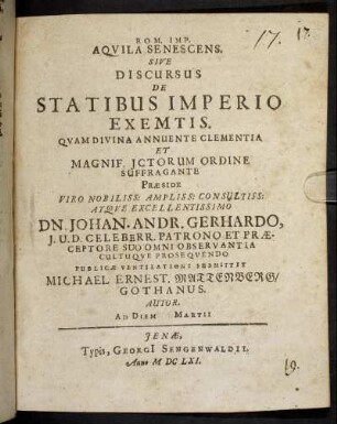 Rom. Imp. Aquila Senescens. Sive Discursus De Statibus Imperio Exemtis