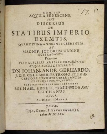 Rom. Imp. Aquila Senescens. Sive Discursus De Statibus Imperio Exemtis