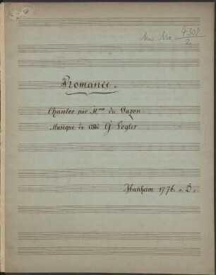 L' Amitié, V, pf, SchV 276- BSB Mus.ms. 4307#Beibd.2 : [title page:] Romance // Chantée par M m e du Gazon // Musique de Abbé G Vogler [at right:] Manheim 1776 v: D